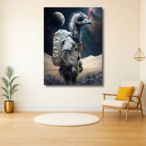 Vogelastronaut op buitenaards landschap