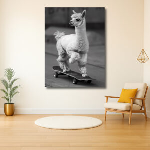 Lama op een skateboard avontuur