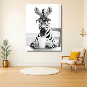 Zebra met bril drinkt koffie