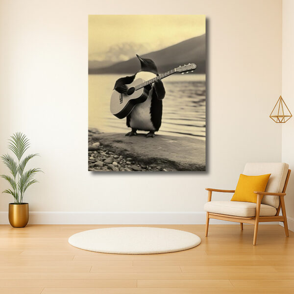 Pinguïn speelt gitaar aan de kust