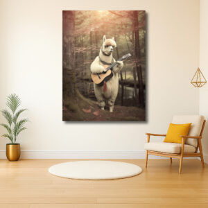 Lama met gitaar in het bos