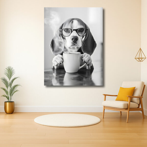 Hond met bril en koffie