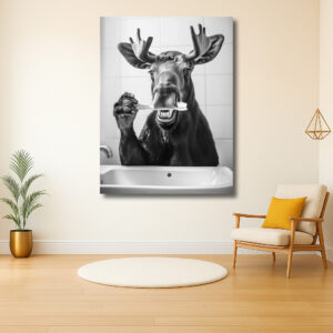 Eland met tandenborstel in badkamer