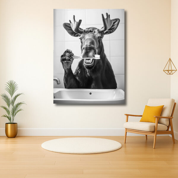 Eland met tandenborstel in badkamer