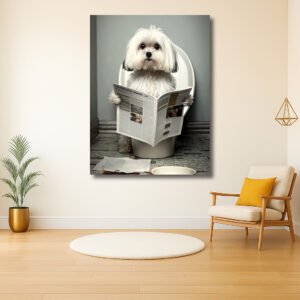 Hond leest krant op toilet