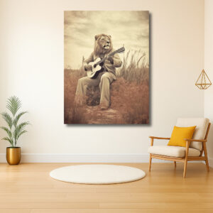 Leeuw met gitaar in graslandschap