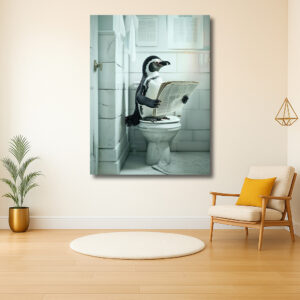 Pinguïn leest krant in badkamer