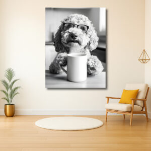 Hond met bril geniet van koffie