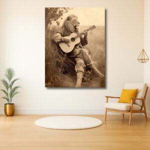 Leeuw met gitaar in het gras