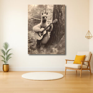 Lama speelt gitaar in het bos