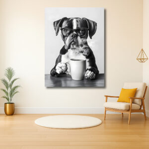Hond met bril en kop koffie
