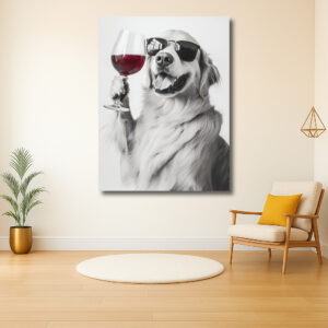 Chique hond met zonnebril en wijnglas