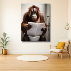 Orang-oetan leest krant in badkamer
