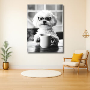 Hond met bril en koffie