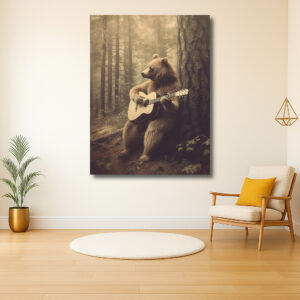 Beer met gitaar in het bos