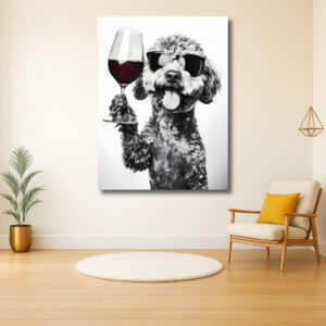 Hond met wijnglas en zonnebril