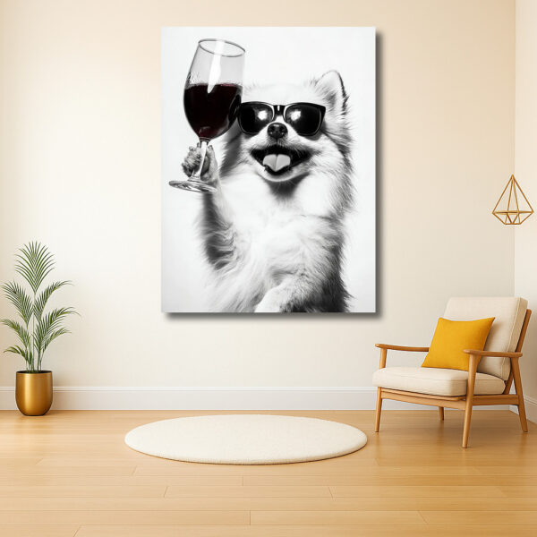 Stijlvolle hond met wijnglas en zonnebril