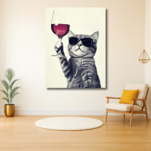 Kat met zonnebril heft een wijnglas
