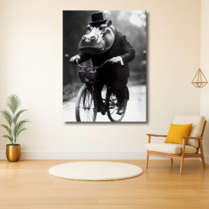 Nijlpaard met hoge hoed op een fiets