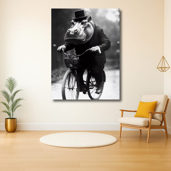 Nijlpaard met hoge hoed op een fiets
