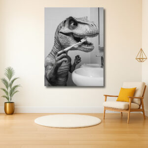 T. rex poetst tanden in badkamer