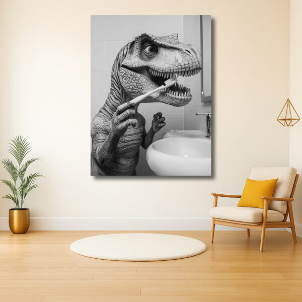 T. rex poetst tanden in badkamer