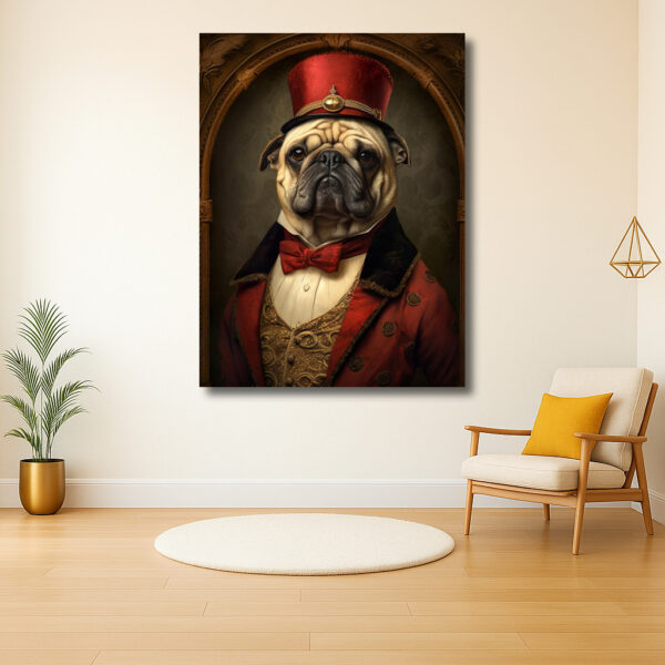 Elegante mopshond in kostuum met hoed