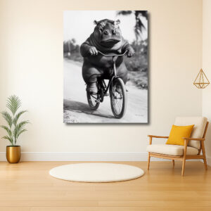 Nijlpaard op fiets in beweging