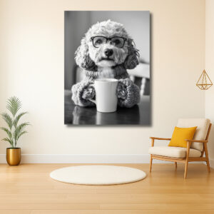 Stijlvolle Hond met Bril en Koffiemok