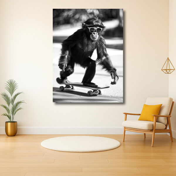 Aap op een skateboard met zonnebril