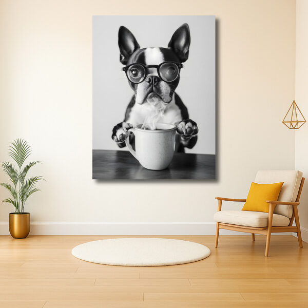 Hond met bril en kop koffie