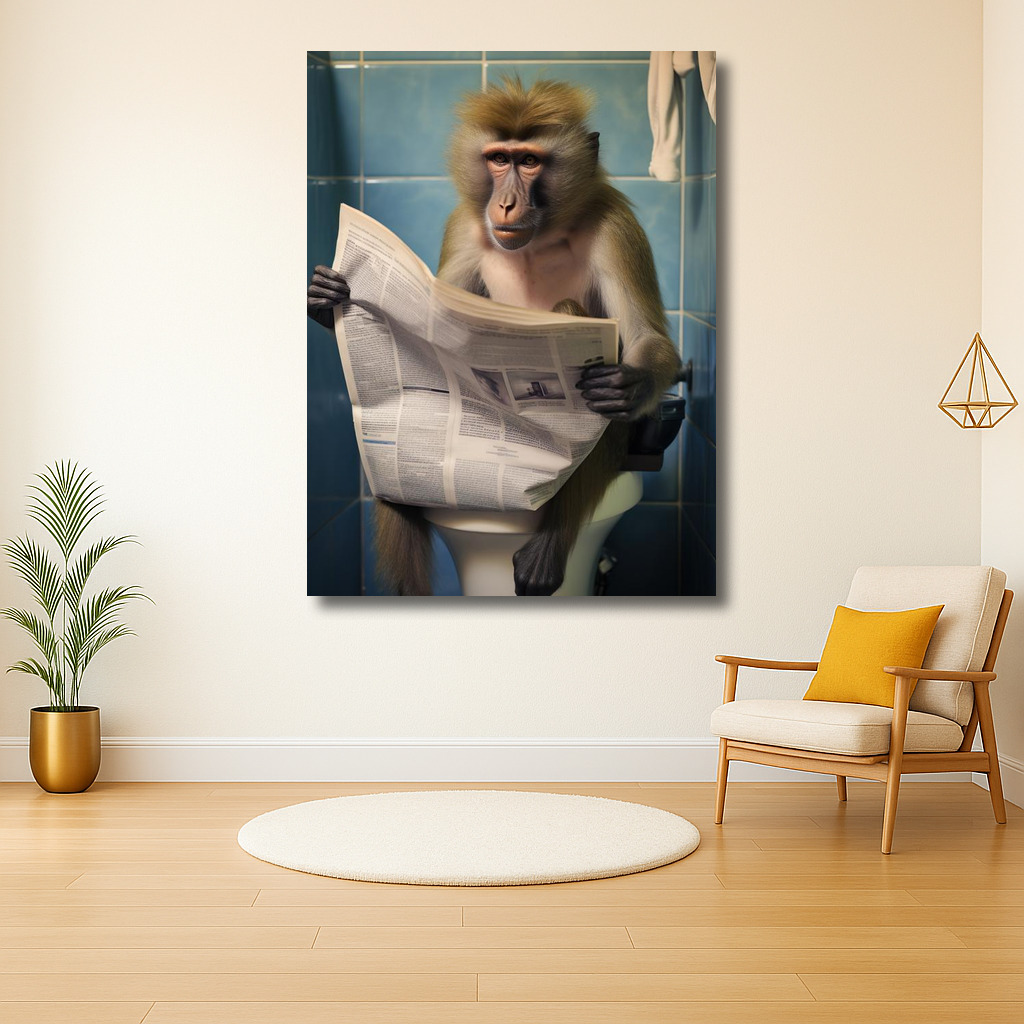 Aap leest krant op toilet