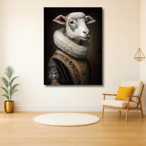 Schilderij van een schaap in historische kleding