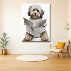 Hond leest ochtendkrant op toilet