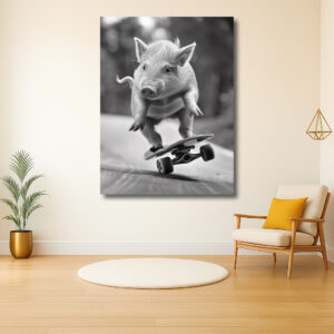 Varkentje op een skateboard in actie