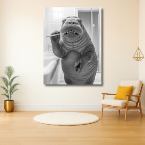 Walrus poetst tanden in de badkamer