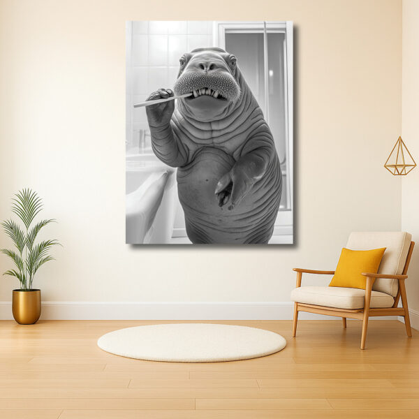 Walrus poetst tanden in de badkamer