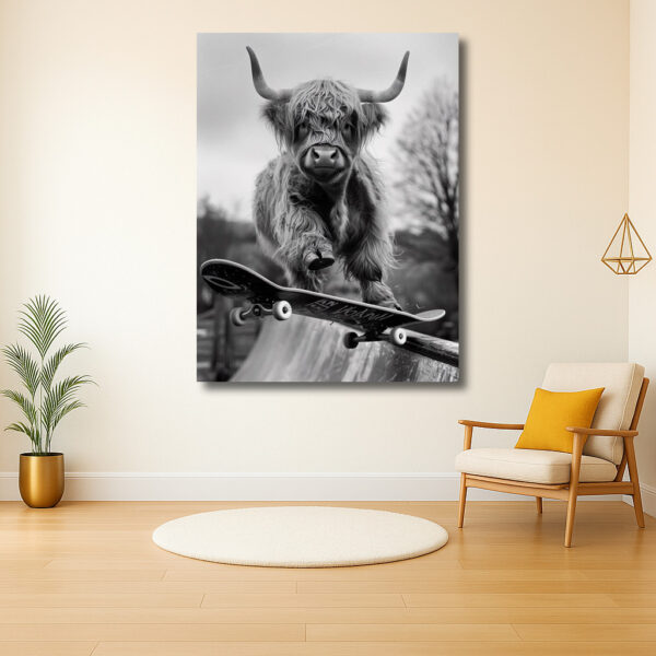 Highland koe op een skateboard