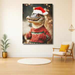 Krokodil in kerststemming met rode trui en hoed