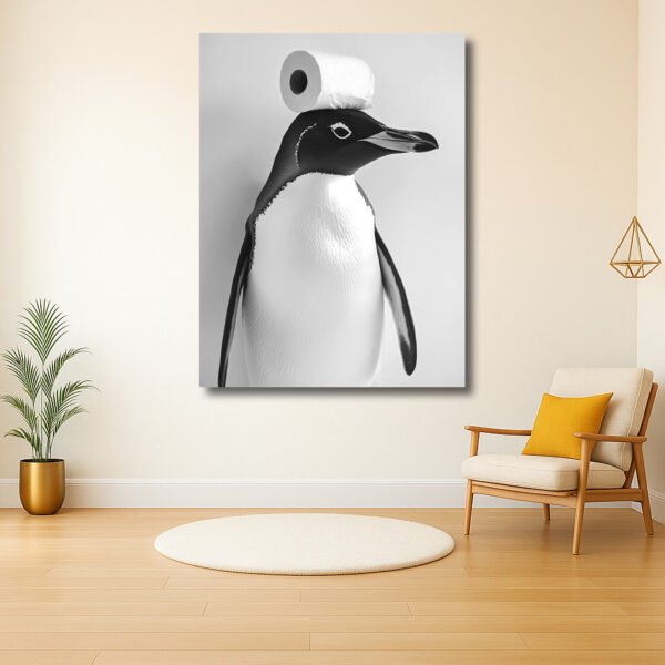 Pinguïn met toiletrol op het hoofd