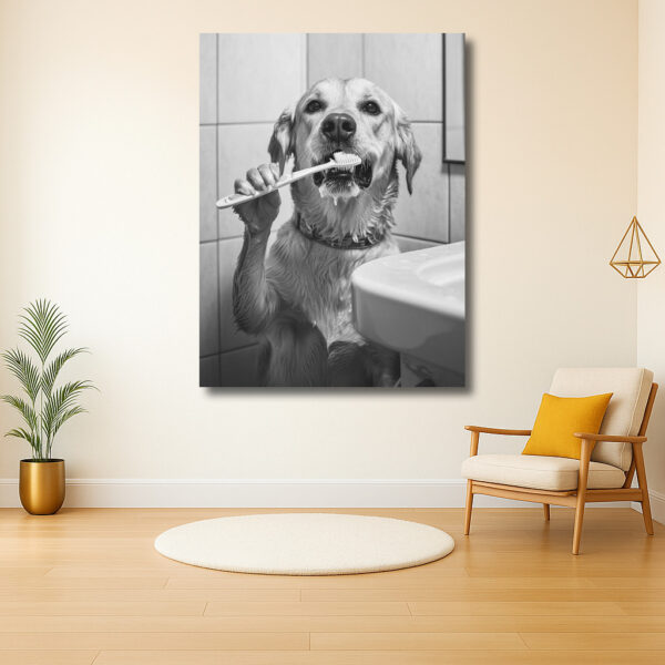 Hond poetst tanden in de badkamer