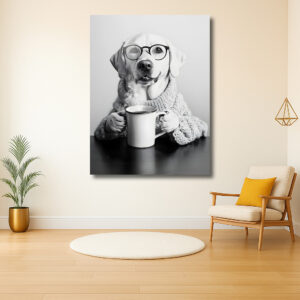 Stijlvolle hond met bril en mok
