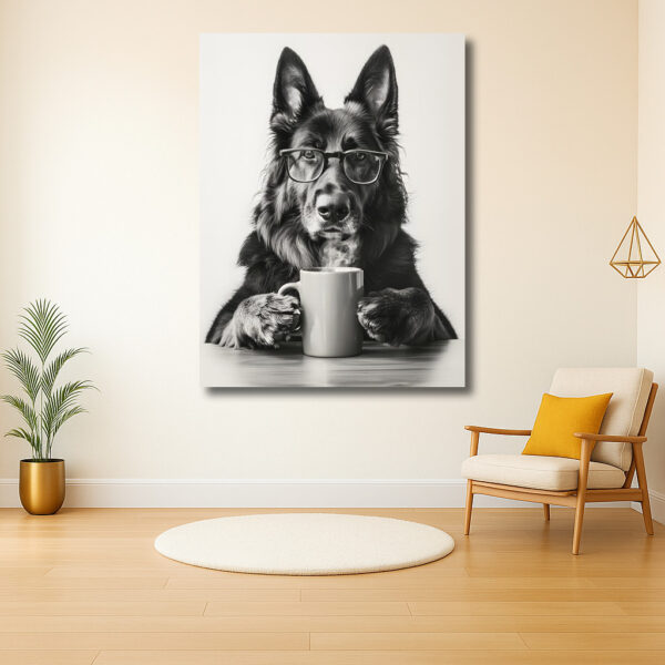 Wijze Hond met Bril en Koffie