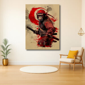 Samurai aap met zwaard in rode tinten
