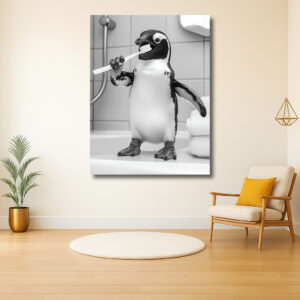 Pinguïn poetst tanden op badkamer