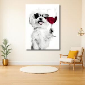Stijlvolle hond met zonnenbril en wijnglas