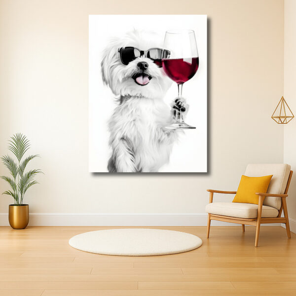 Stijlvolle hond met zonnenbril en wijnglas
