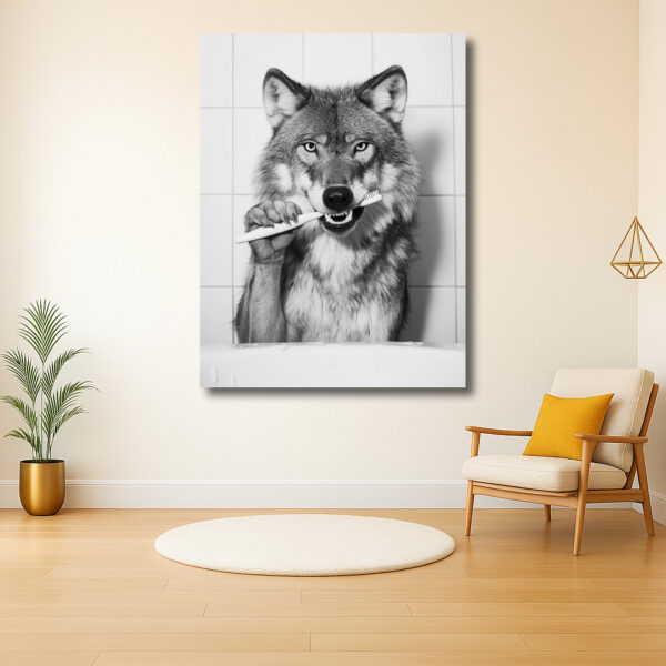 Wolf poetst tanden in badkamer