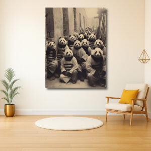 Groep panda's in historische kleding