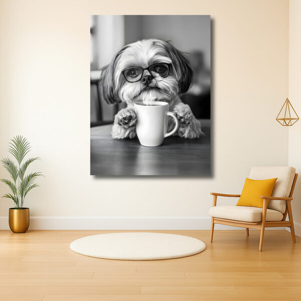 Hond met bril en kopje koffie